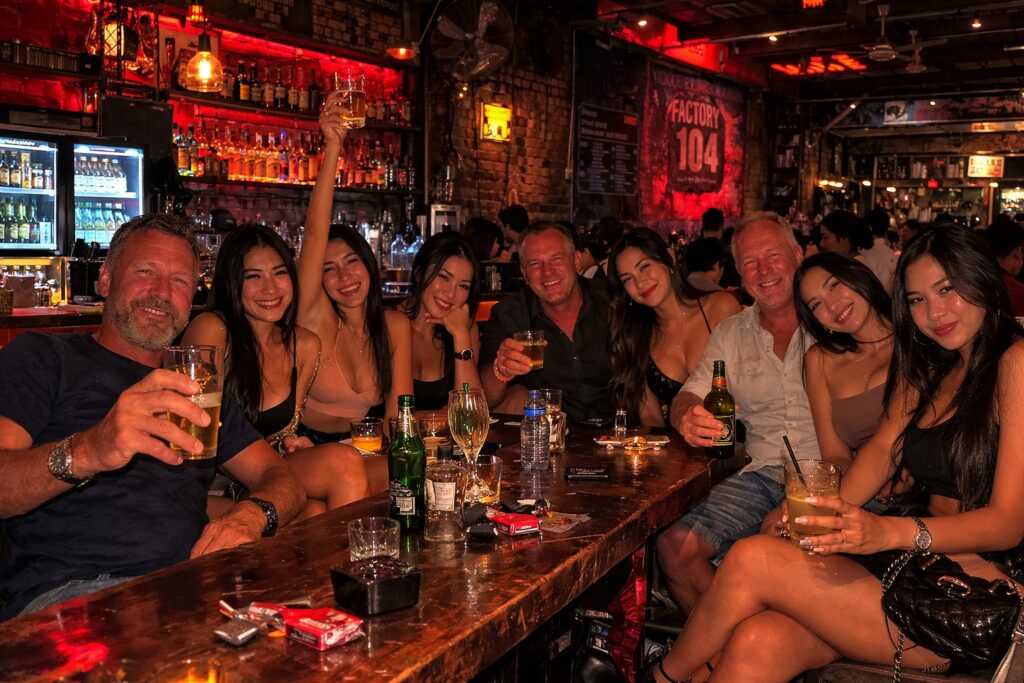 Friends sitting at a bar with drinks and socializing